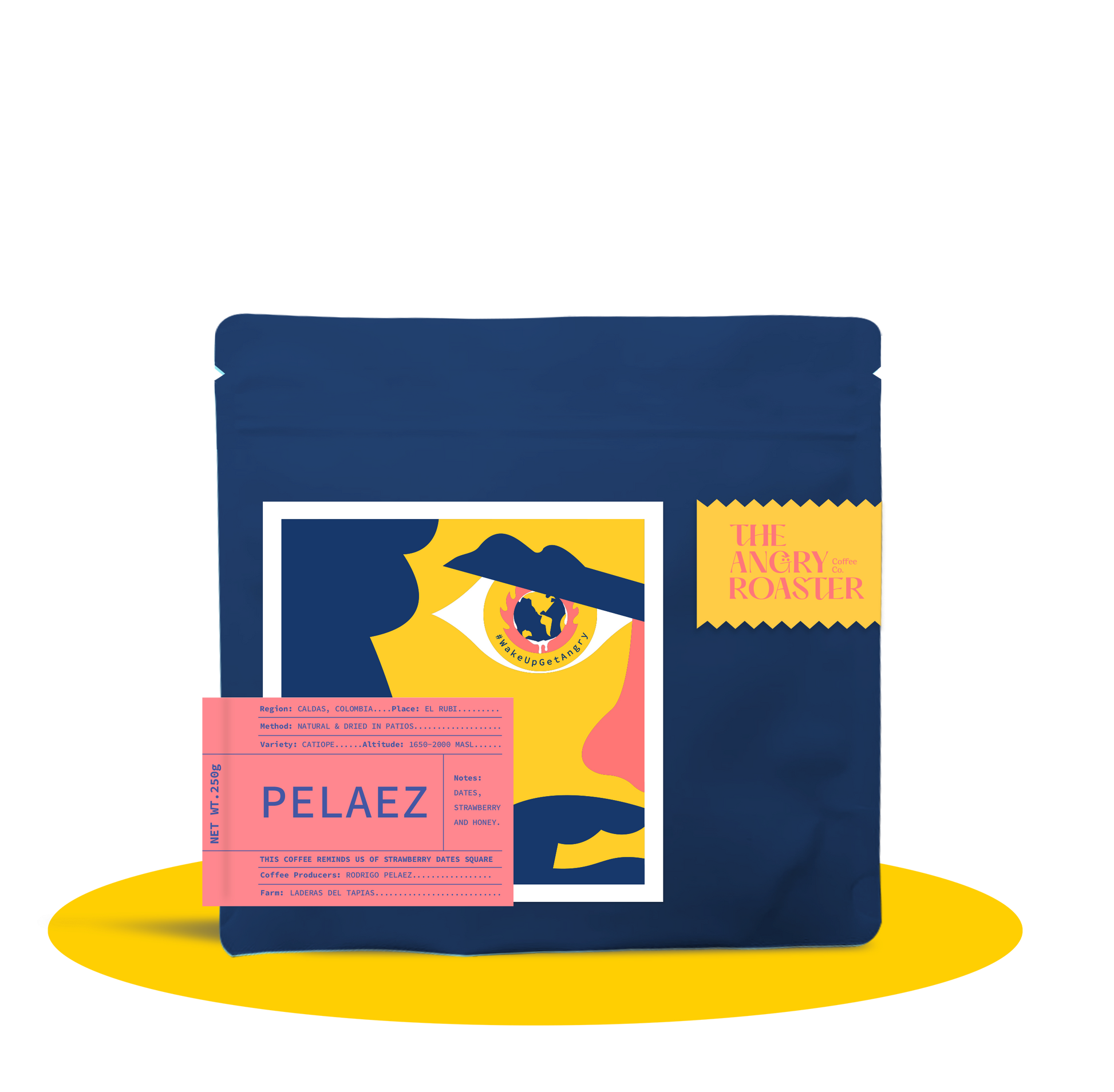 Coffee package with colorful design and 'Pelaez' branding on a white background