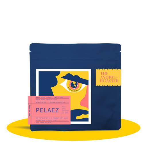 Coffee package with colorful design and 'Pelaez' branding on a white background